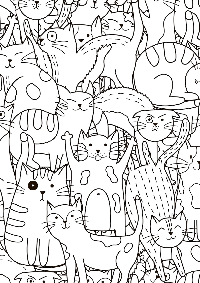 Coloring Page with Doodle Cats Printable Coloring Page for Etsy