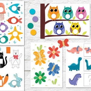 May include: A set of printable activity sheets for children featuring colourful images of animals, flowers, and geometric shapes. The sheets include matching games, fill-in-the-blank activities, and more.
