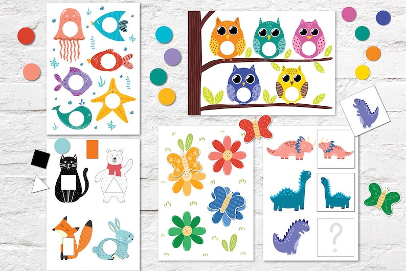 May include: A set of printable activity sheets for children featuring colourful images of animals, flowers, and geometric shapes. The sheets include matching games, fill-in-the-blank activities, and more.