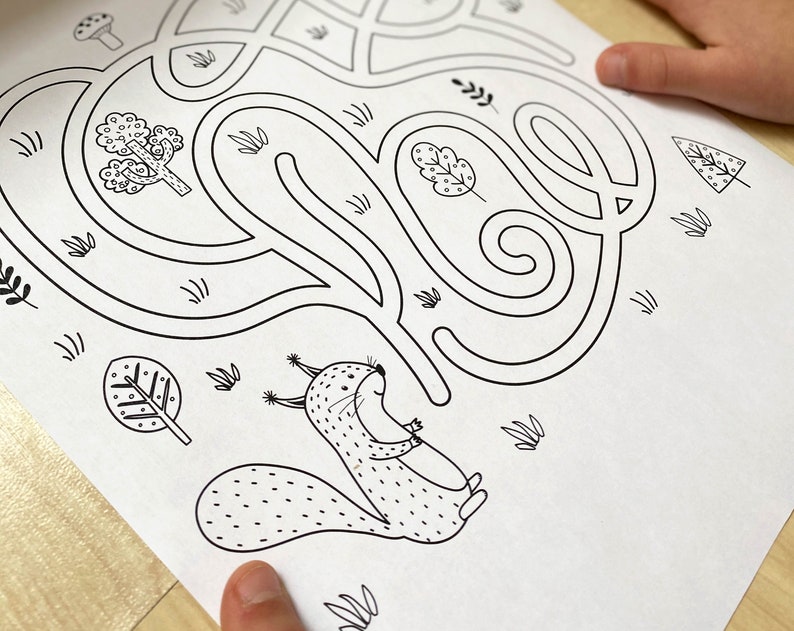 May include: A black and white maze with a squirrel at the bottom. The maze is shaped like a winding path through a forest with trees and leaves.