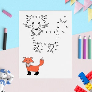 May include: A black and white connect-the-dots activity sheet featuring a fox. The fox is outlined with numbered dots. The completed image shows a red fox with a white chest and tail tip.
