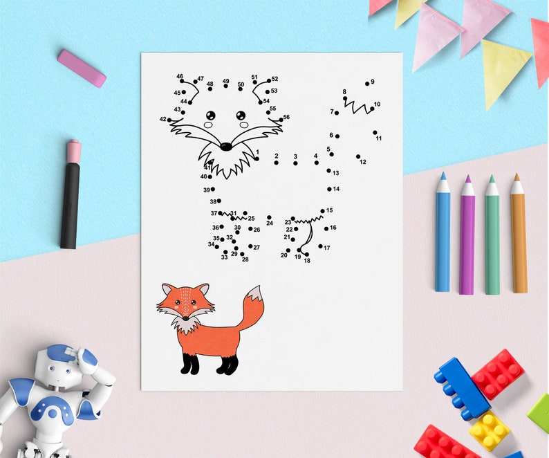 May include: A black and white connect-the-dots activity sheet featuring a fox. The fox is outlined with numbered dots. The completed image shows a red fox with a white chest and tail tip.