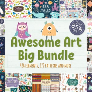 Może przedstawiać: Kolaż kolorowych ilustracji przedstawiających różne motywy, w tym zwierzęta, stworzenia morskie i potwory. Tekst "Awesome Art Big Bundle" jest wyświetlany zielonymi literami, wraz z informacjami "436 elementów, 172 wzorów i więcej".