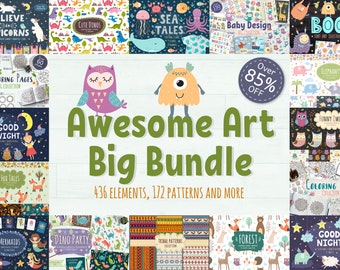 Awesome Art Big Bundle Animals Clipart Kids graphic Digital paper Nursery art Cute dinosaurs Forest owls Unicorn Instant Digital Download