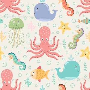May include: A seamless pattern featuring a variety of colourful sea creatures, including pink octopuses, blue whales, yellow fish, green seahorses, and yellow starfish. The background is a light beige colour with white bubbles.