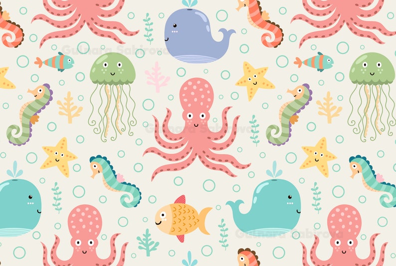May include: A seamless pattern featuring a variety of colourful sea creatures, including pink octopuses, blue whales, yellow fish, green seahorses, and yellow starfish. The background is a light beige colour with white bubbles.