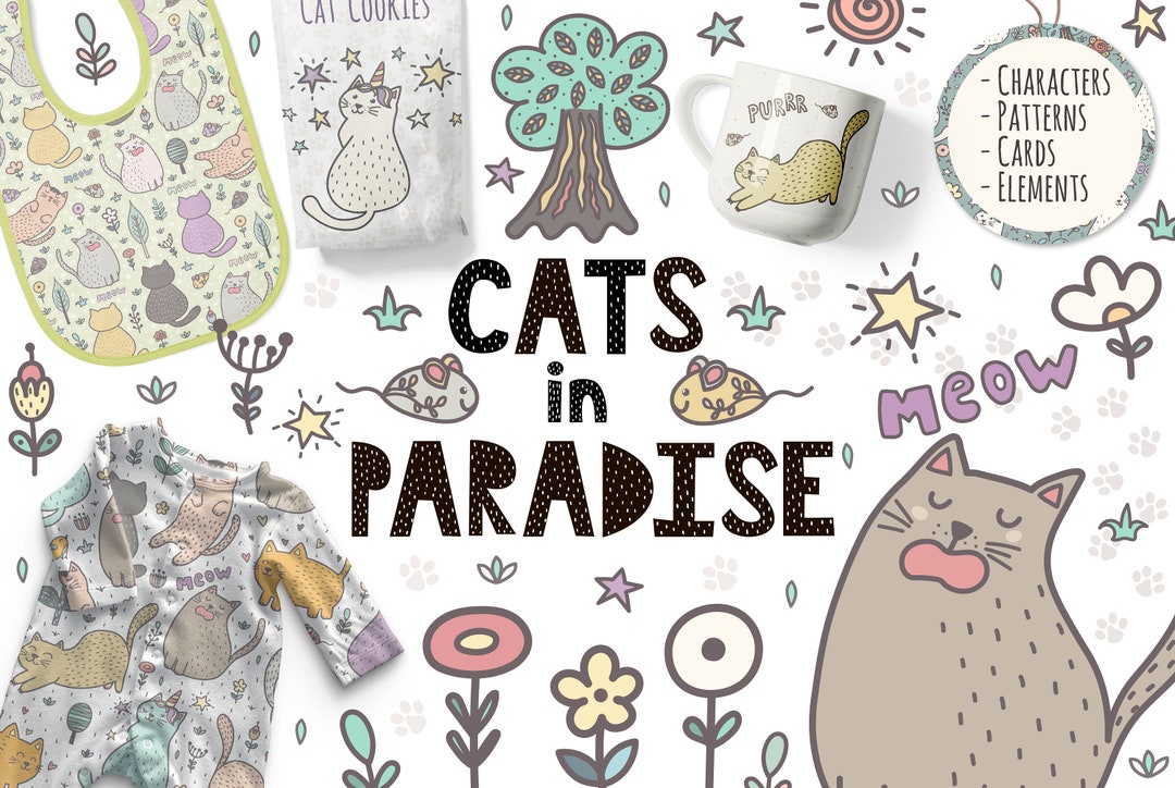 Cats in Paradise Clipart Graphic Pack Digital Paper Printable Cute ...