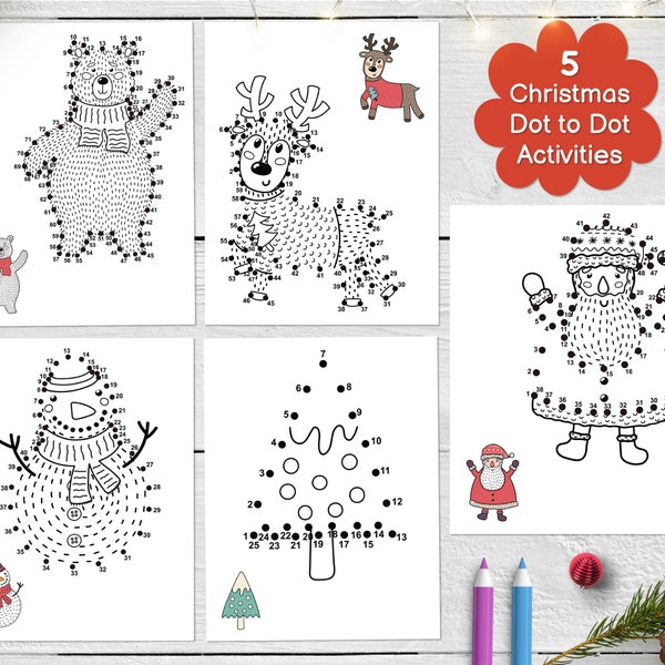 Christmas Dot to Dot Book for Kids PDF, 5 Printable Activity Pages, Connect the Dots, Christmas Worksheets, Dot to Dot Puzzle Workbook