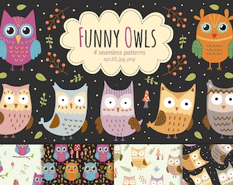 Cute Owls Digital Paper, Forest Seamless Patterns, Printable Owl Theme Background, Scrapbook Paper, Owl Prints/ Digital Download