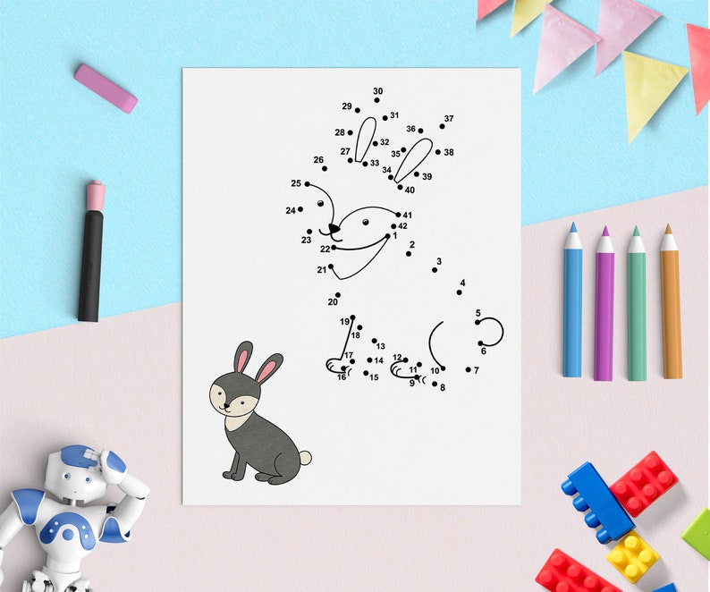 May include: A black and white connect-the-dots activity sheet featuring a rabbit. The numbers 1 through 42 are scattered around the page, with dots at each number. The rabbit is drawn in a simple cartoon style.