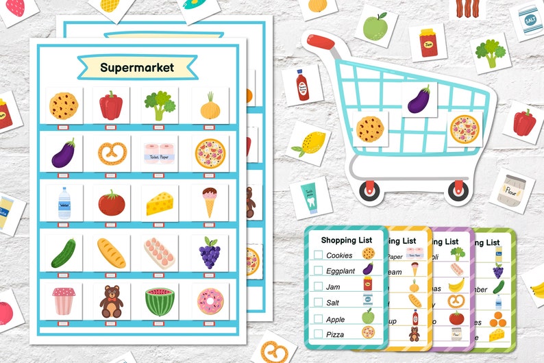 May include: A printable educational game for children featuring a supermarket theme. The game includes a shopping list with items such as cookies, aubergine, jam, salt, apple, and pizza. There are also images of various food items, such as bread, grapes, and a watermelon.