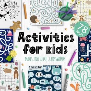 May include: A collection of 78 activity pages for kids featuring mazes, dot-to-dot puzzles, and crosswords. The pages are illustrated with colorful animals and other fun designs.