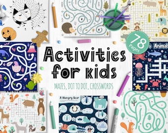 Maze Puzzles PDF Crosswords Dot to Dot Printable Activities for Kids / Word search Connect numbers Educational Games Instant Download