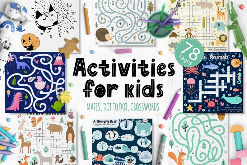 May include: A collection of 78 activity pages for kids featuring mazes, dot-to-dot puzzles, and crosswords. The pages are illustrated with colorful animals and other fun designs.