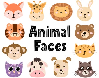 Animal Faces Clipart PNG Eps, Cute Woodland Jungle Animals, Nursery Print, Fox Cat Dog Clip art, Digital Graphic, Instant Download