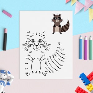May include: A black and white connect-the-dots activity sheet featuring a raccoon. The numbers 1 through 50 are printed around the outline of the raccoon.