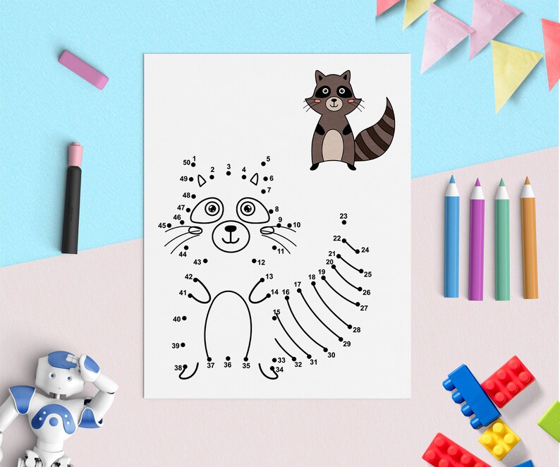 May include: A black and white connect-the-dots activity sheet featuring a raccoon. The numbers 1 through 50 are printed around the outline of the raccoon.