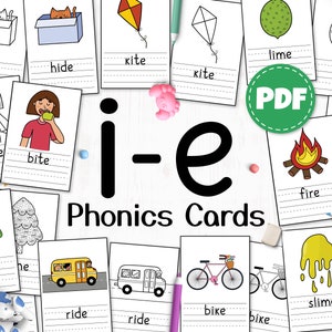 Tarjetas didácticas de I-e Phonics, hojas de trabajo imprimibles de reglas de ortografía de I-e Phonics, actividades de palabras de dígrafos para niños, fonética para primer grado y segundo grado
