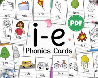 Karty z ćwiczeniami do nauki fonetyki I-e, arkusze do nauki pisowni i-e Phonics, ćwiczenia z ćwiczeniami z dwuznakami dla dzieci, fonetyka dla klas 1–2