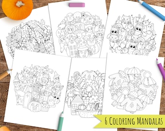Autumn Halloween Mandala Coloring Book, Circle Shape Printable Coloring Pages for Adults and Kids Pdf, Fall Mandala Coloring Doodle Sheets