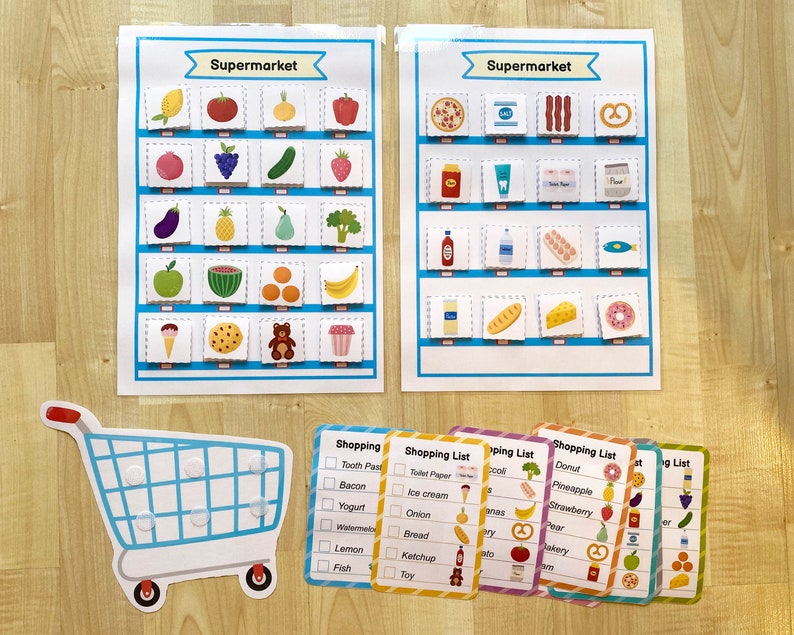 May include: A set of printable supermarket shopping lists for kids. The lists include items like tooth paste, toilet paper, bacon, ice cream, onion, bread, ketchup, and toy. There are also images of the items on the lists.