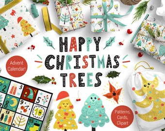 Christmas Tree Clipart and Digital Paper Collection / Png, Jpeg, Eps, Ai / Winter Clipart and Patterns / Digital Download