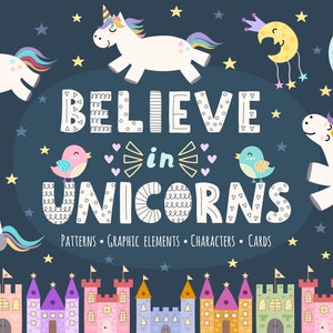 Unicorns Digital Paper and Clipart - Cute Unicorns Seamless Patterns, Baby Unicorn, Printable Clip art Scrapbook Paper Pack Instant Download