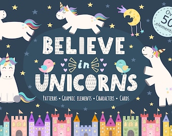 Unicorns Digital Paper and Clipart - Cute Unicorns Seamless Patterns, Baby Unicorn, Printable Clip art Scrapbook Paper Pack Instant Download