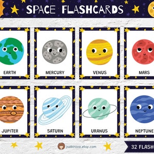 32 cartes-éclair de l'espace au format PDF, cartes-éclair du système solaire imprimables, cartes-éclair de nomenclature des planètes, activités Montessori préscolaires, école à domicile