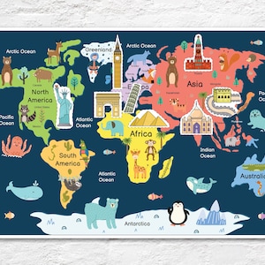 May include: A colourful world map featuring continents, oceans, and animals. The map is set against a dark blue background with white borders. The continents are outlined in white and filled with various colours. The oceans are blue. The animals are cartoon-like and include a bear, a penguin, a giraffe, a monkey, an elephant, a crocodile, and an octopus.