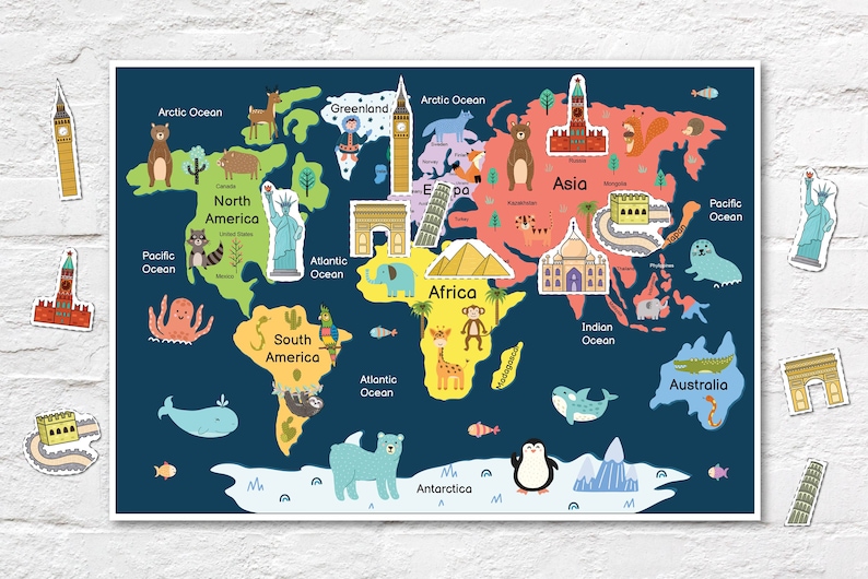 May include: A colourful world map featuring continents, oceans, and animals. The map is set against a dark blue background with white borders. The continents are outlined in white and filled with various colours. The oceans are blue. The animals are cartoon-like and include a bear, a penguin, a giraffe, a monkey, an elephant, a crocodile, and an octopus.