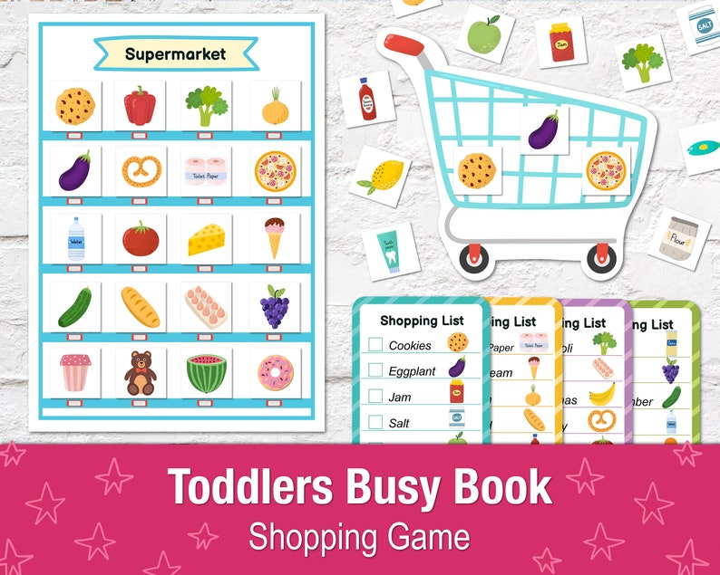 May include: A colorful printable busy book for toddlers featuring a supermarket theme. The book includes a shopping list, a shopping cart, and a variety of food items to match.