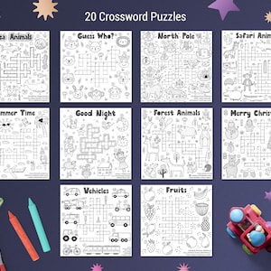 May include: A set of 20 printable crossword puzzles for kids featuring various themes, including sea animals, guess who, north pole, safari animals, summer time, good night, forest animals, merry christmas, vehicles, and fruits. Each puzzle is black and white and has a grid with clues and answers.