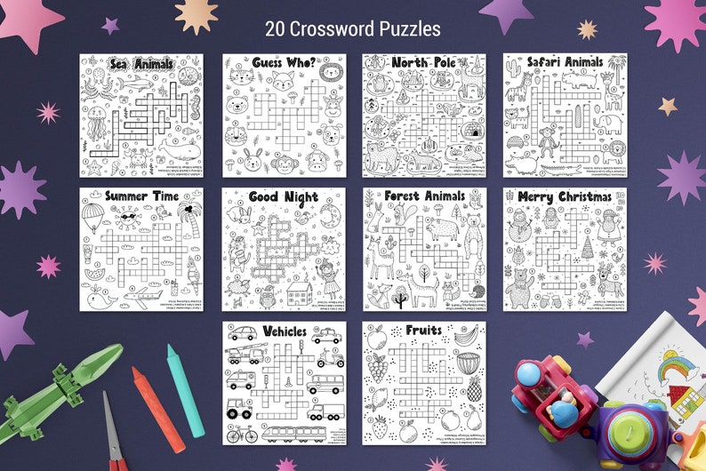 May include: A set of 20 printable crossword puzzles for kids featuring various themes, including sea animals, guess who, north pole, safari animals, summer time, good night, forest animals, merry christmas, vehicles, and fruits. Each puzzle is black and white and has a grid with clues and answers.