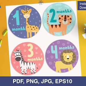 Adesivos Digitais Mensais Baby Milestone PDF Png Eps - Etiquetas Imprimíveis do Mês do Bebê - Adesivos Mensais DIY - Download Instantâneo