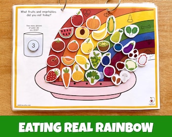 Eating Real Rainbow Worksheet, Printable Busy Book, Activity Page for Toddlers, Fruits and Vegetables Busy Book Preschool Binder Eat Healthy