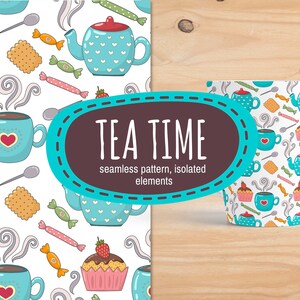 Cozy Tea Digital Paper and Clipart - Food Seamless Pattern, Scrapbook Craft Paper, Kitchen Cooking Baking Clip art, Commercial Use Download