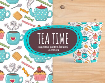 Cozy Tea Digital Paper and Clipart - Food Seamless Pattern, Scrapbook Craft Paper, Kitchen Cooking Baking Clip art, Commercial Use Download