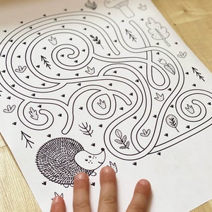 May include: A black and white printable maze activity featuring a hedgehog. The maze is surrounded by small hearts, leaves, and trees.