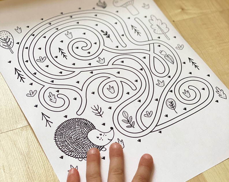 May include: A black and white printable maze activity featuring a hedgehog. The maze is surrounded by small hearts, leaves, and trees.