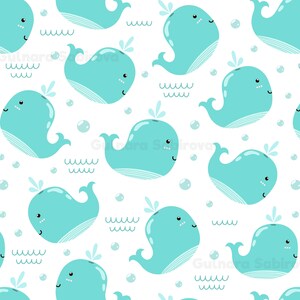 May include: A seamless pattern featuring light blue whales with white eyes and smiles, surrounded by white bubbles and light blue wavy lines on a white background.