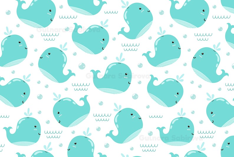 May include: A seamless pattern featuring light blue whales with white eyes and smiles, surrounded by white bubbles and light blue wavy lines on a white background.