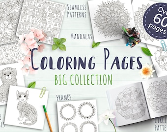 64 Coloring Pages Pack / Printable Coloring Pages for Adults and Kids / Animals Mandalas Flowers / Instant Download