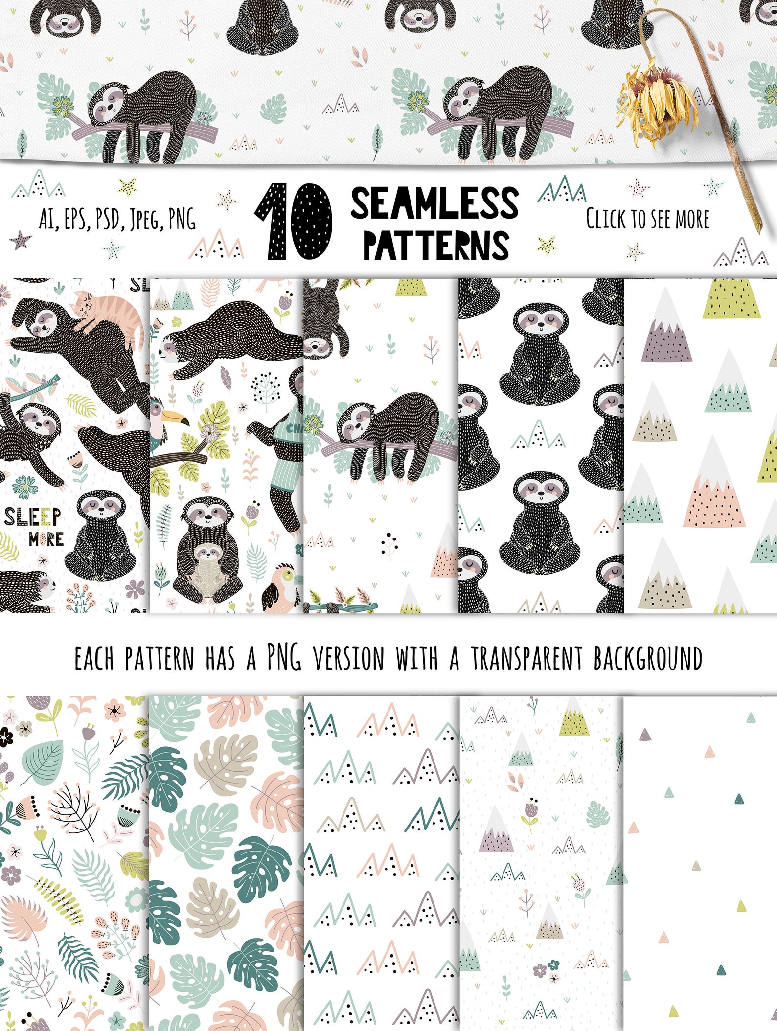Sloth Digital Paper Cute Sloths Clipart / Digital Paper / Animals Graphic Pack ...