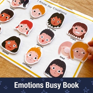 Pode incluir: Um livro de atividades educativo colorido para crianças com diferentes expressões faciais e as palavras "Know my Emotions" e "Emotions Busy Book".