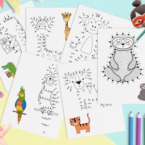 Dot to Dot Book for Kids PDF, 6 Printable Activity Pages with Safari Animals, Connect the Dots Funny Worksheets, Digital Download