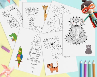 Dot to Dot Book for Kids PDF, 6 afdrukbare activiteitspagina's met Safari Dieren, Connect the Dots Funny Worksheets, Digital Download