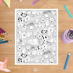 Op de afbeelding: Zwart-witte lijntekening van een grote groep honden in verschillende poses. De honden zijn allemaal van verschillende rassen en hebben unieke persoonlijkheden. Deze illustratie is perfect om in te kleuren.