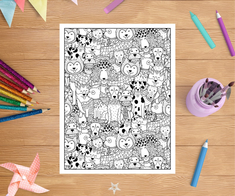 Op de afbeelding: Zwart-witte lijntekening van een grote groep honden in verschillende poses. De honden zijn allemaal van verschillende rassen en hebben unieke persoonlijkheden. Deze illustratie is perfect om in te kleuren.