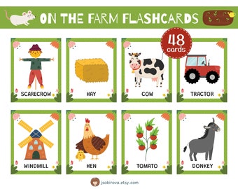 On the Farm Flashcards PDF, 48 Farm Animals Flash Cards Printable, Farm Nomenclature Flashcards, Preschool Montessori Activities